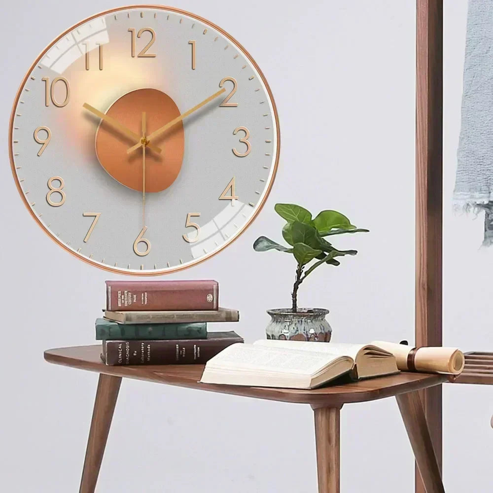 Wall clock above a side table with books