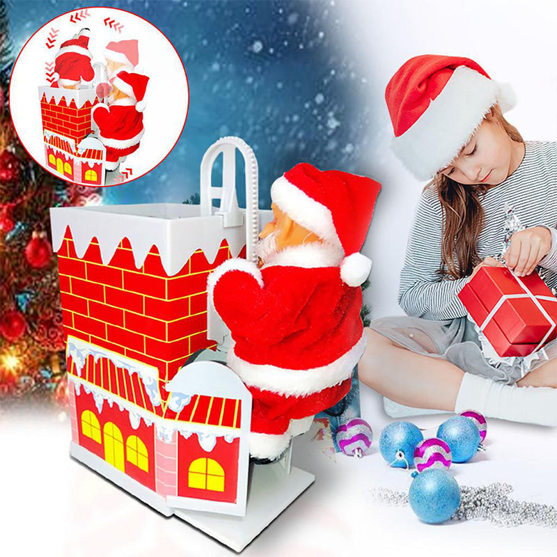 Animovaný elektrický Santa Claus šplhající po žebříku s vánoční hudbou