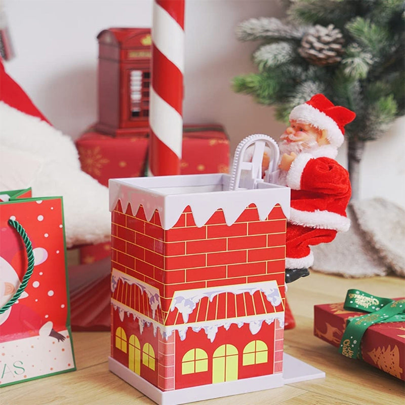 Animovaný elektrický Santa Claus šplhající po žebříku s vánoční hudbou