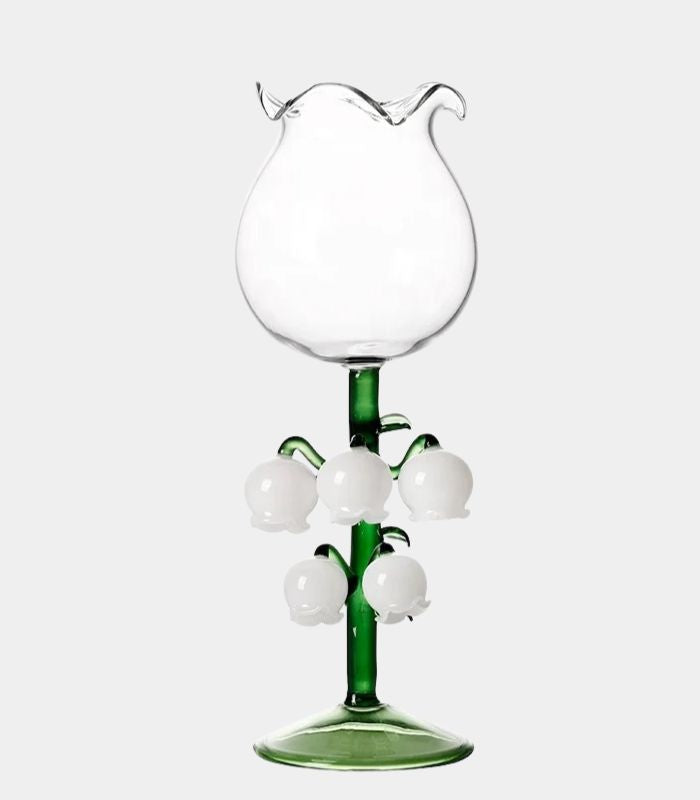 Handgeblasenes Weinglas und Champagnerglas mit Maiglöckchenmotiv, 21 cm
