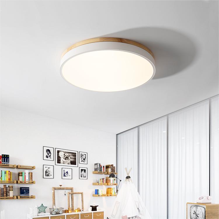Scandinavian Wooden LED Ceiling Light — Round Dimmable Design, Warm Glow, Acrylic Trim