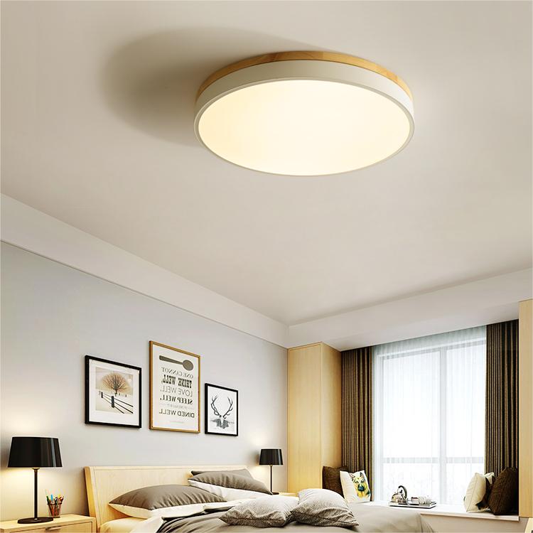 Scandinavian Wooden LED Ceiling Light — Round Dimmable Design, Warm Glow, Acrylic Trim