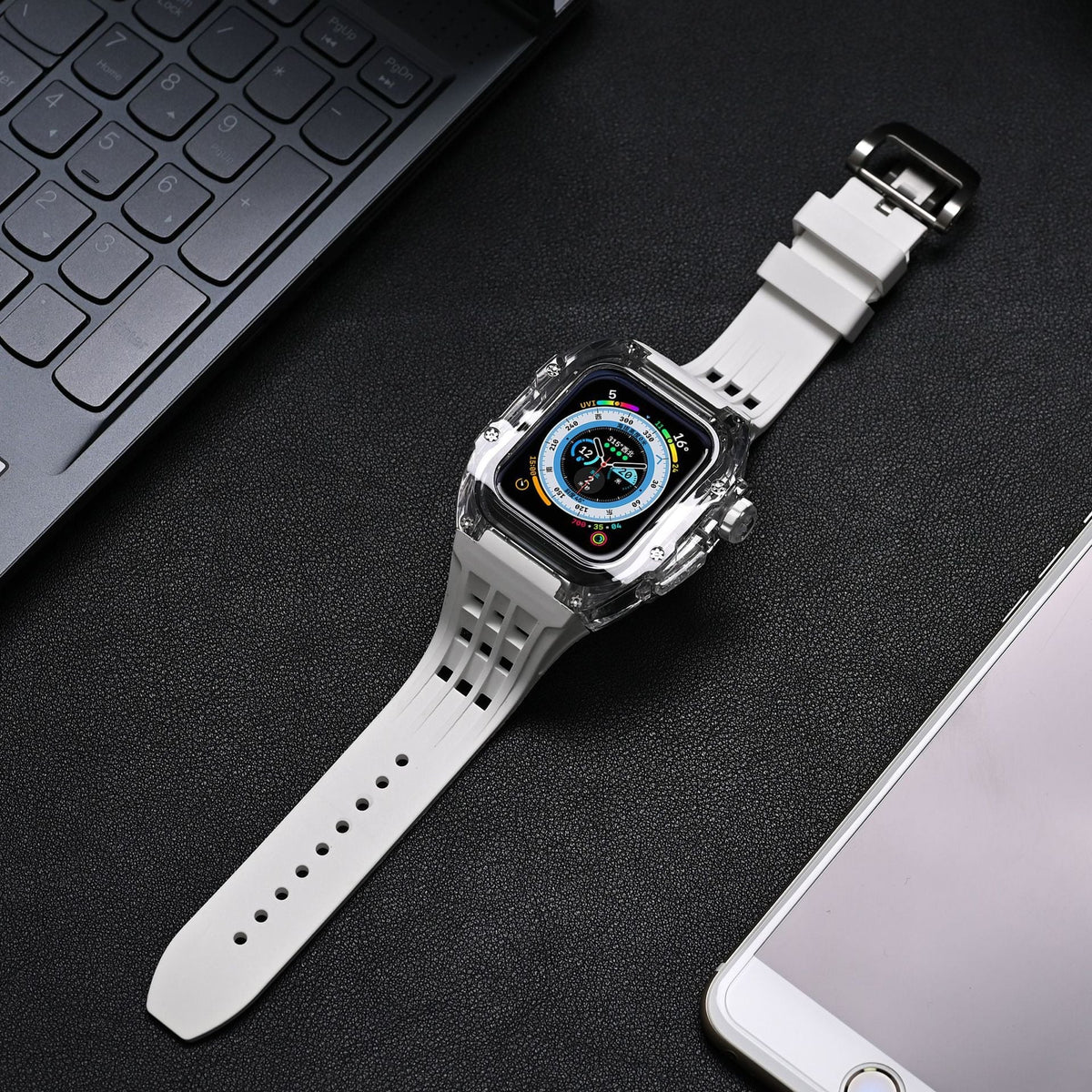 Transparentes Apple-Watch-Schutzgehäuse der RM-V30-Glacier-Serie mit Fluorkautschukarmband
