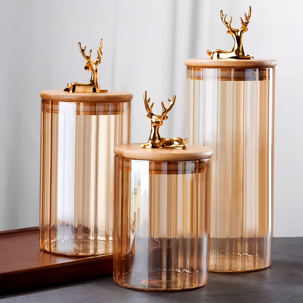 Lot de trois bocaux en verre ambré Elowen Stag — Finition avec couvercle doré