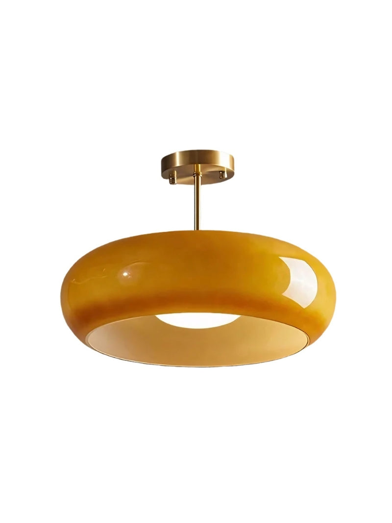 Bauhaus Circular Ceiling Light — Glass Disk Shade, Brass or Chrome Finish, Orange-Yellow or White Glass