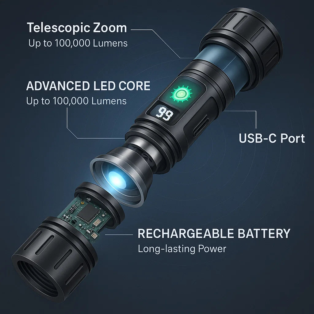 Extrém fényerejű Pro sorozatú kiadás, 100000 lumenes zseblámpa — 5000mAh akkumulátor, Type-C gyorstöltés
