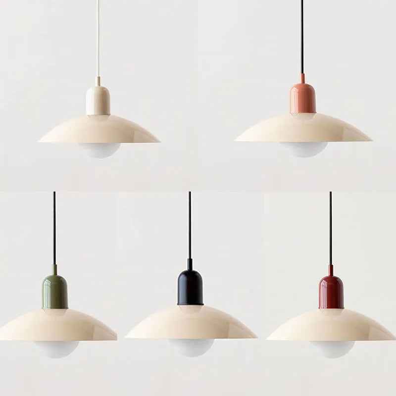 Macaron Bauhaus-Pendelleuchte — farbenfroher Schirm mit offenem Sockel