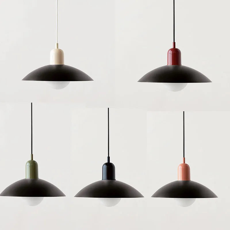 Macaron Bauhaus-Pendelleuchte — farbenfroher Schirm mit offenem Sockel