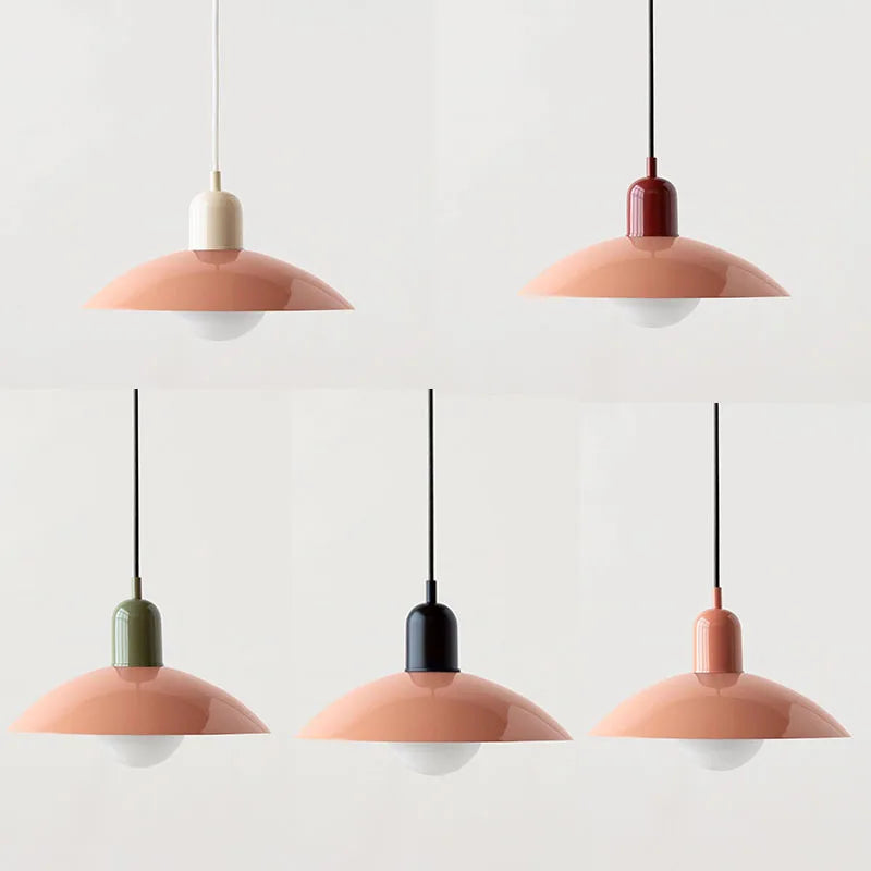 Macaron Bauhaus-Pendelleuchte — farbenfroher Schirm mit offenem Sockel