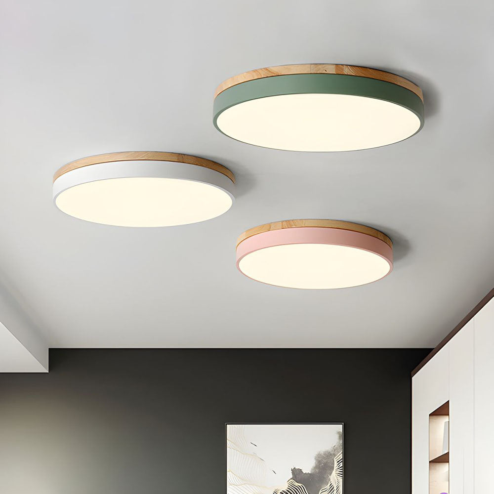 Scandinavian Wooden LED Ceiling Light — Round Dimmable Design, Warm Glow, Acrylic Trim