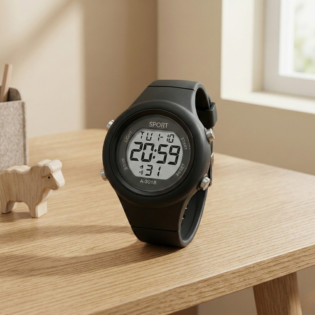 Digital Waterproof Sports Watch — Chronograph Timer, Alarm & Hourly Chimes