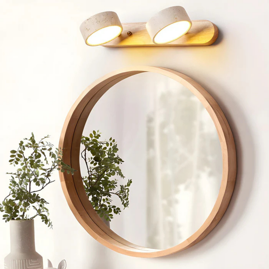 Havencrest Travertine Wall Light Featuring Warm Wood Elements Ambient Glow