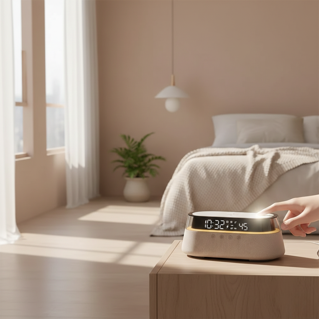 Smart Alarm Clock & Bluetooth Speaker — Multifunction Bedside Hub, Space-Saving Design
