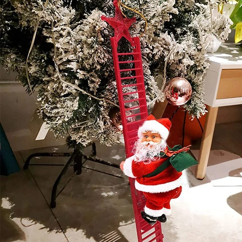 Animovaný elektrický Santa Claus šplhající po žebříku s vánoční hudbou