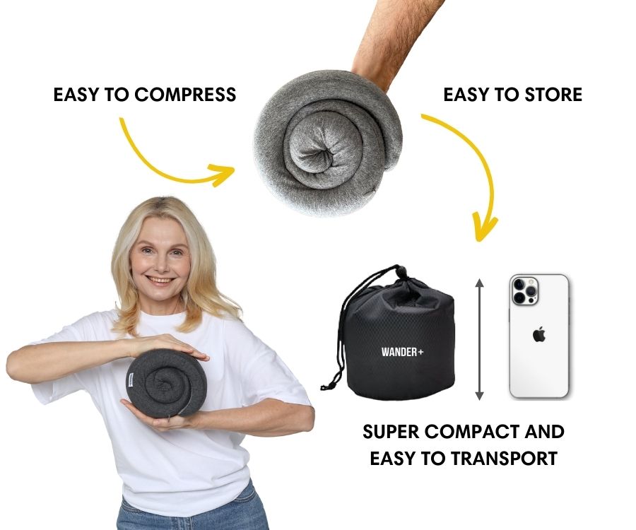 Almofada de viagem para o pescoço em espuma viscoelástica — Ajuste ergonómico e formato compacto para transportar