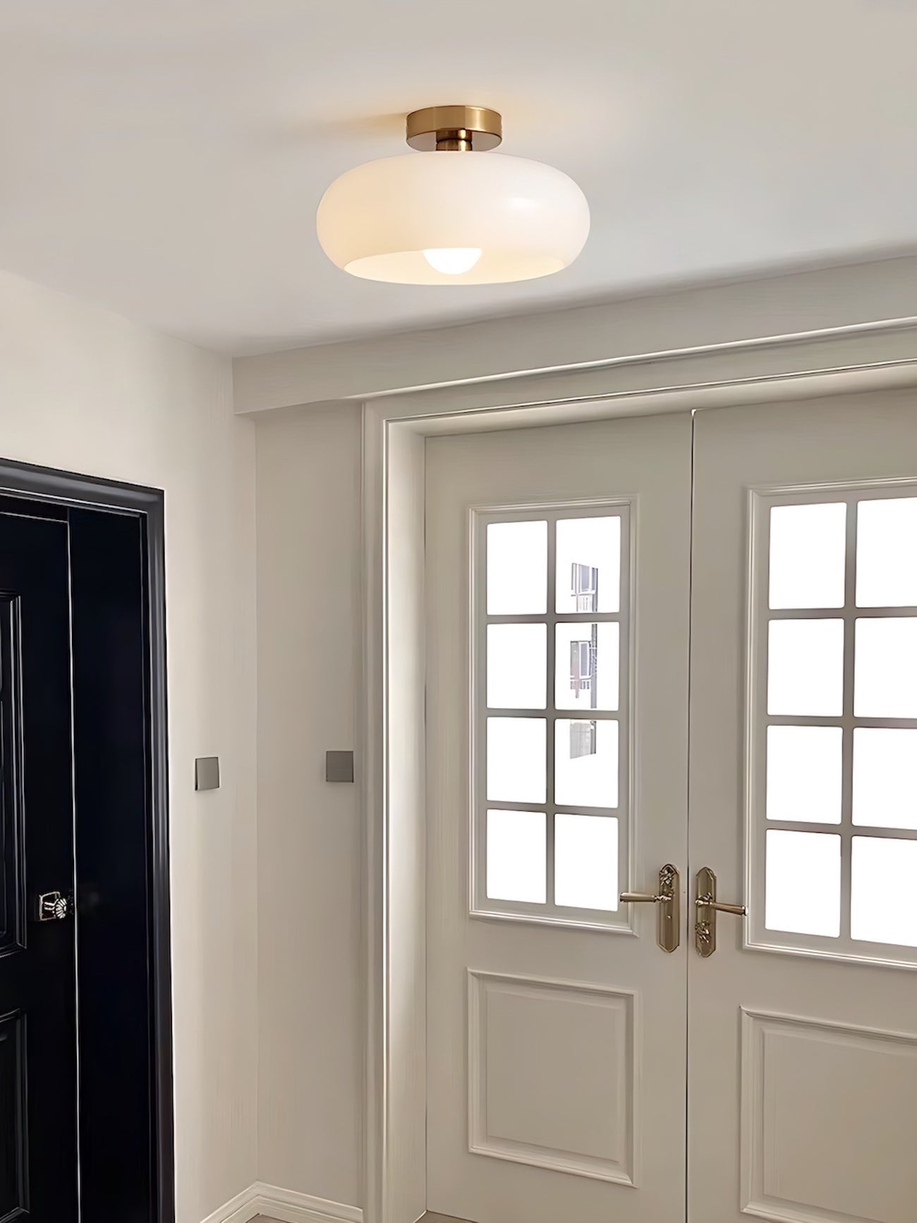 Bauhaus Circular Ceiling Light — Glass Disk Shade, Brass or Chrome Finish, Orange-Yellow or White Glass