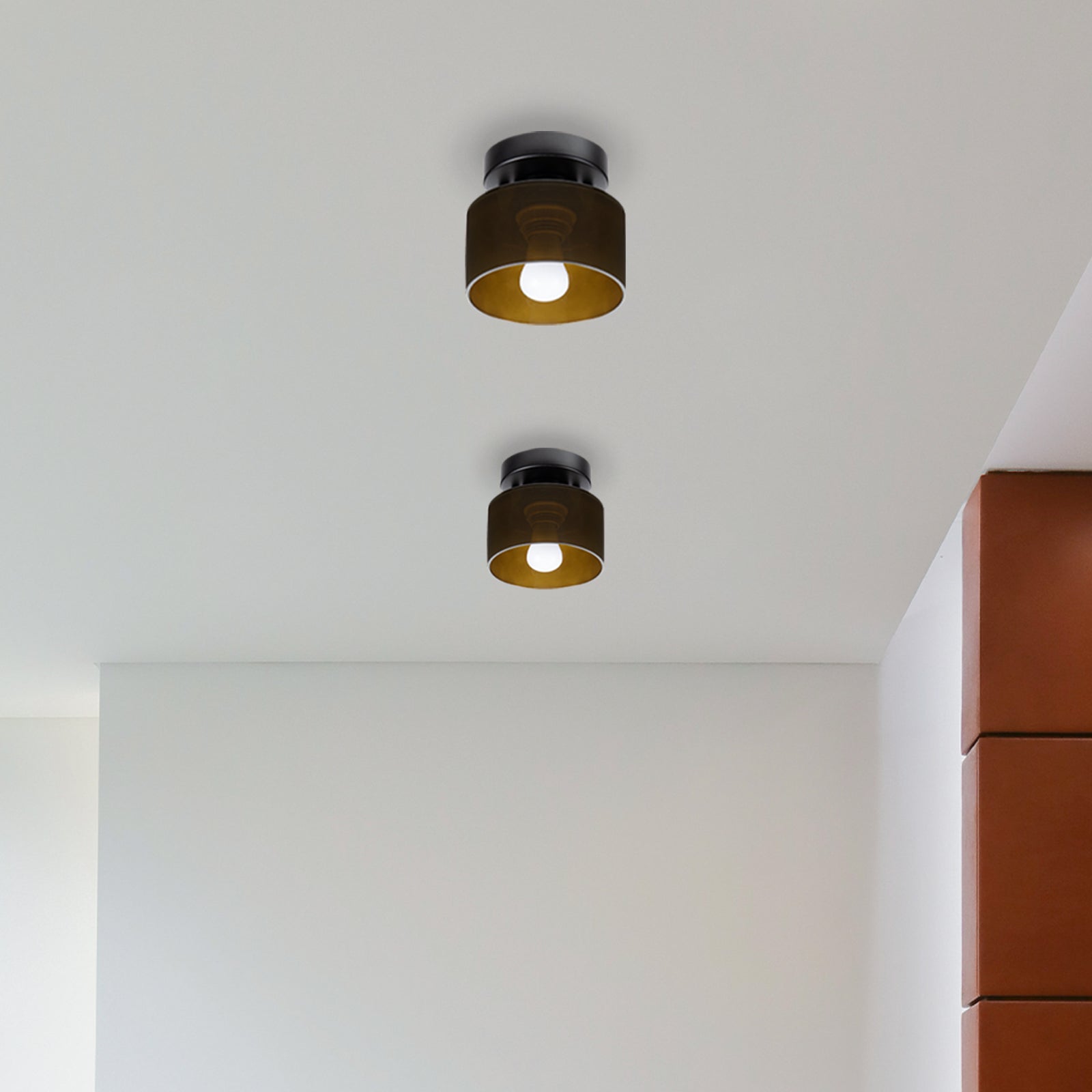 Retro Amber Glass Ceiling Light — E27/E26 Socket, Direct Mount, Cylindrical Shade