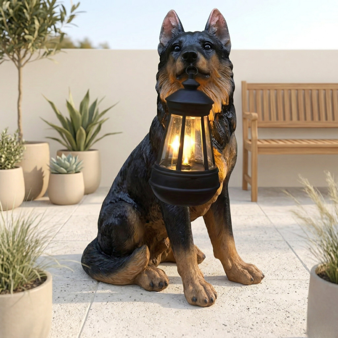 Decorazione da giardino a forma di cucciolo alimentata a energia solare — scultura da prato con illuminazione automatica