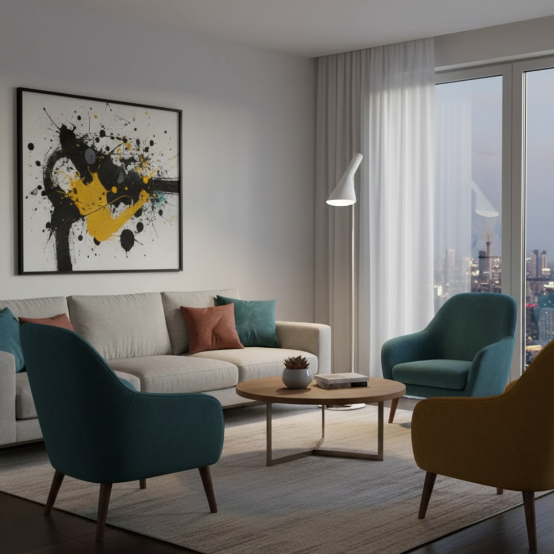 Minimalistická stojací LED lampa v severském stylu — čistý geometrický profil, rovnoměrné rozptýlené světlo