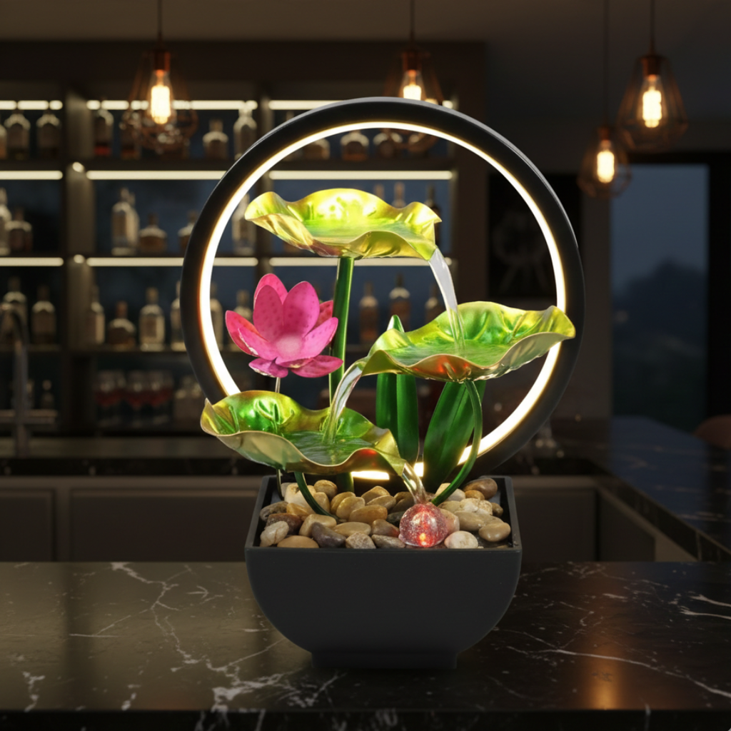 USB-Powered LED Tabletop Water Fountain — Quiet Flow, Warm Lighting, 29x13x12cm