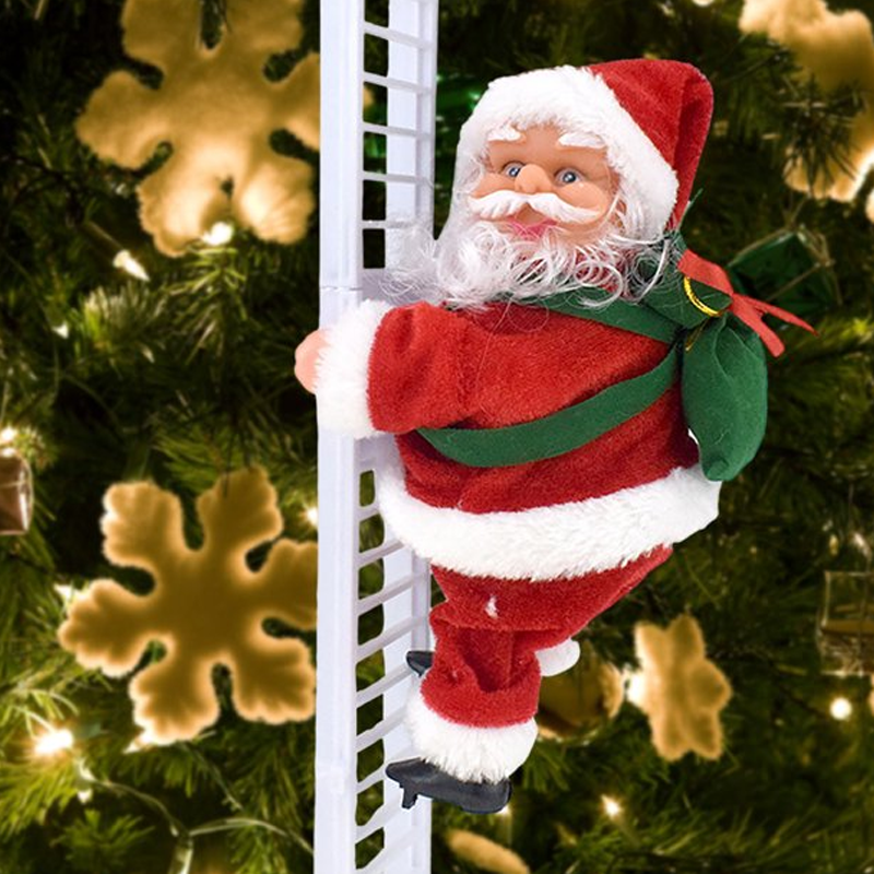 Animovaný elektrický Santa Claus šplhající po žebříku s vánoční hudbou