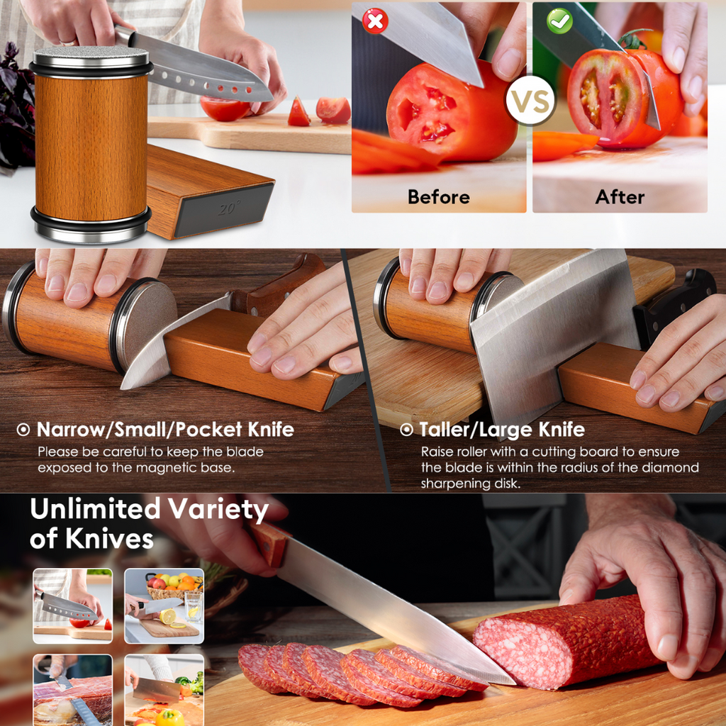 Rolling Knife Sharpener — Diamond Disc, Magnetic Holder, 15°/20° Angles