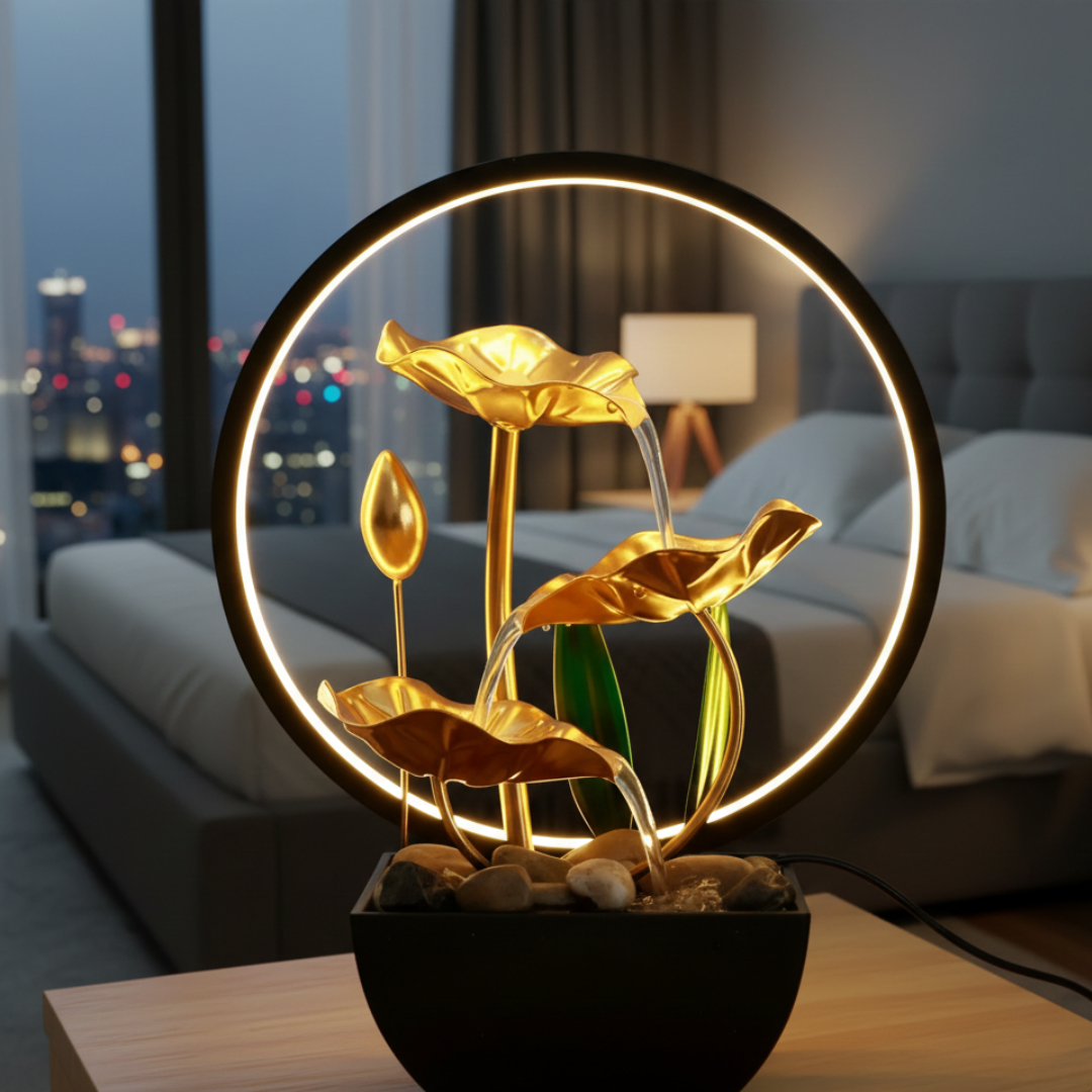 USB-Powered LED Tabletop Water Fountain — Quiet Flow, Warm Lighting, 29x13x12cm