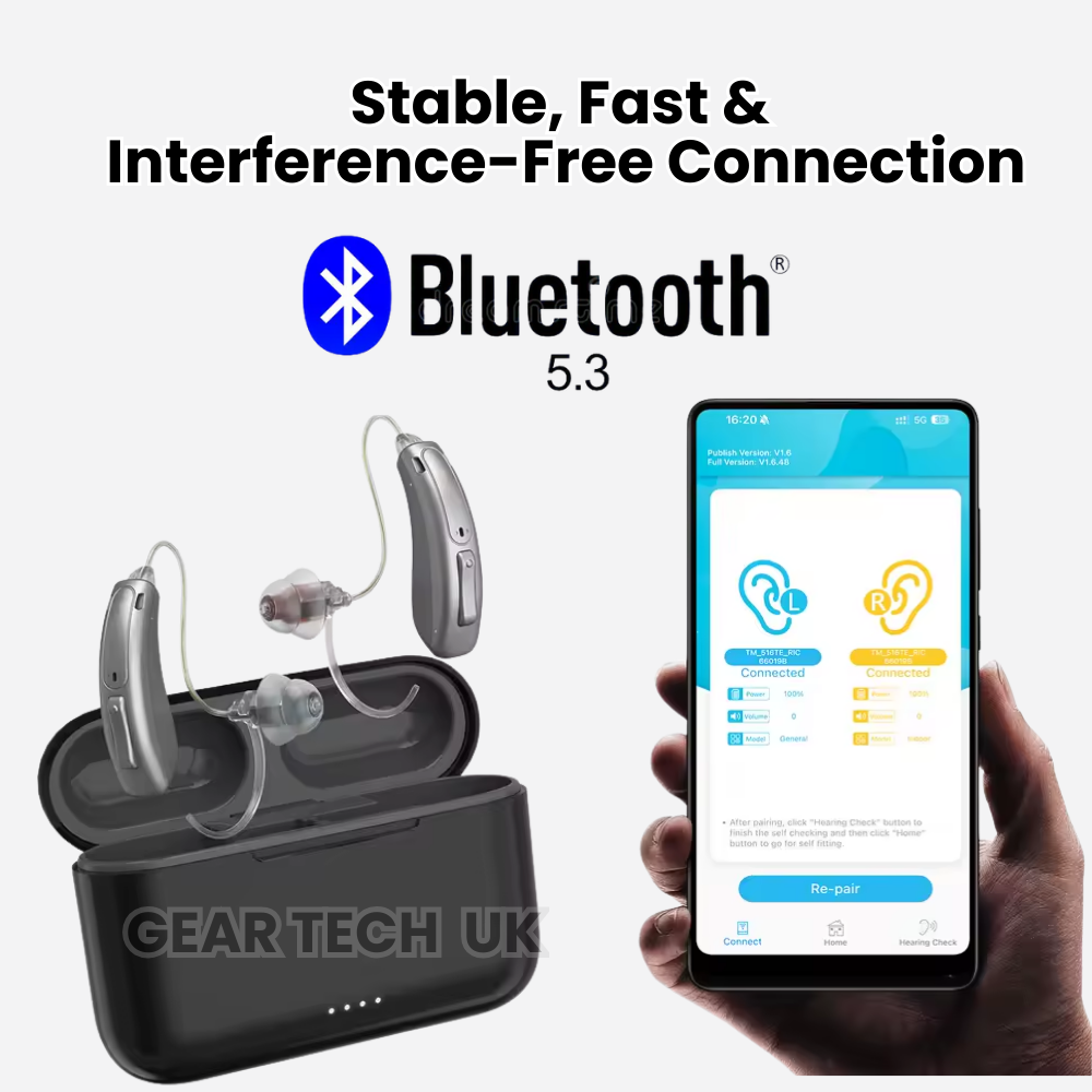 Vero genopladeligt Bluetooth-høreapparat bag øret — integreret støjreduktion, digital lydbehandling
