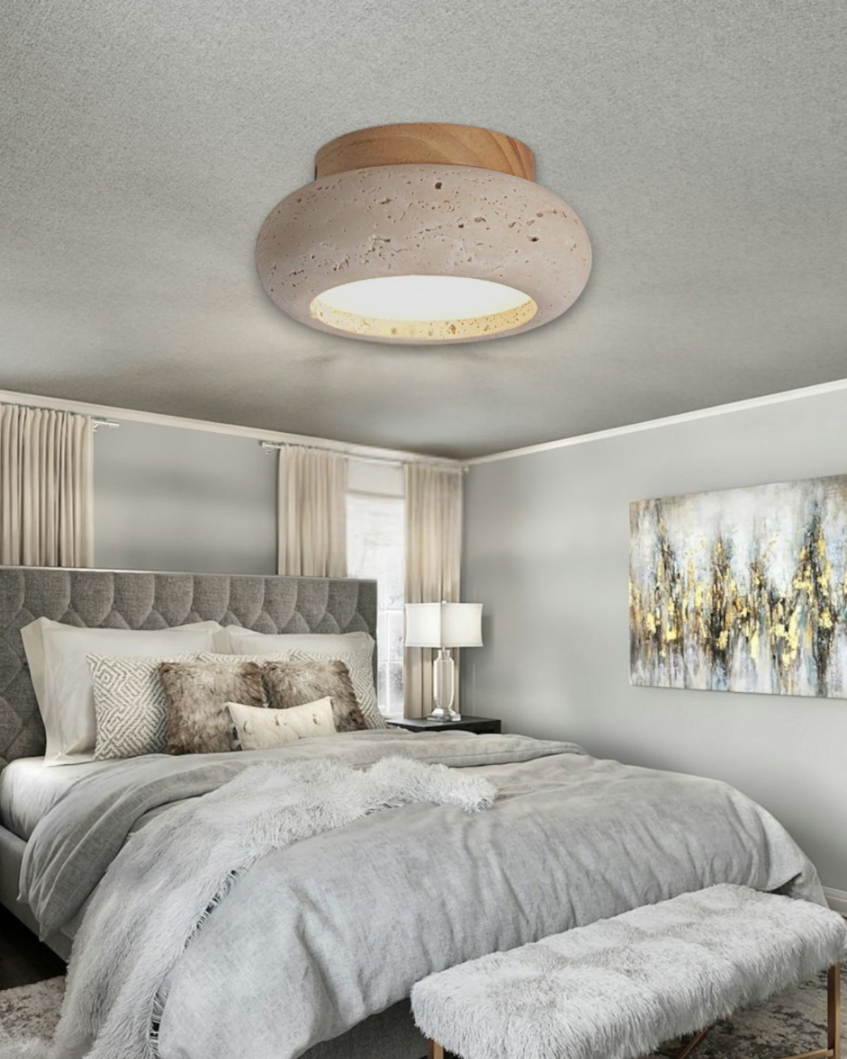 Acrylic Ceiling Lamp in Walnut and Beige — Flat Panel, Even Illumination