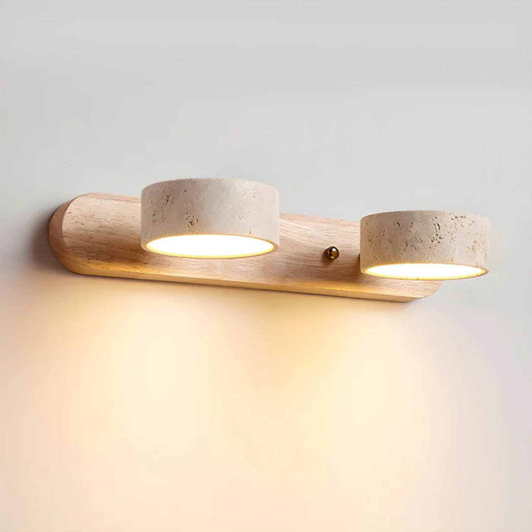 Havencrest Travertine Wall Light Featuring Warm Wood Elements Ambient Glow