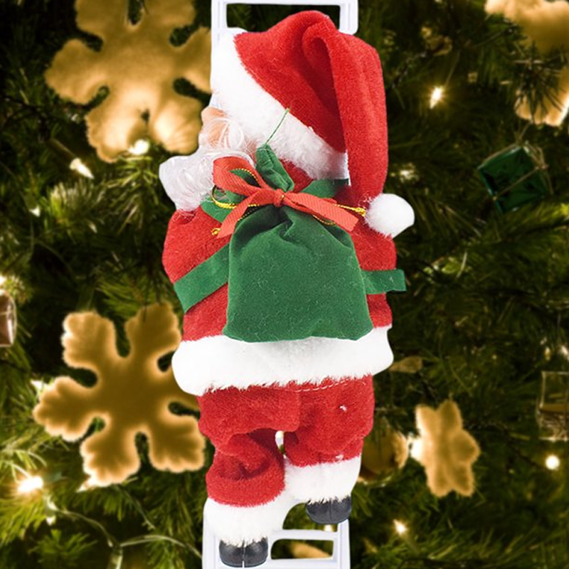 Animovaný elektrický Santa Claus šplhající po žebříku s vánoční hudbou