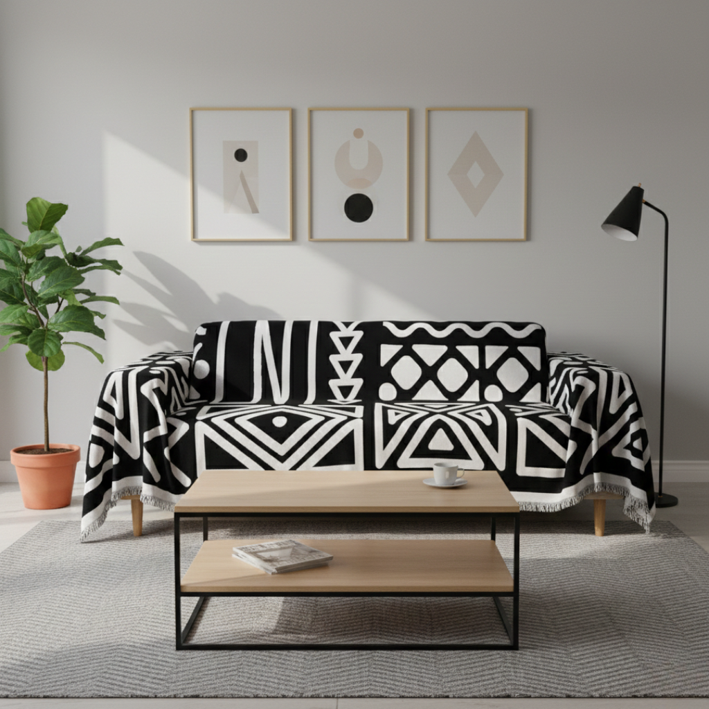Protiskluzový pratelný potah na pohovku — geometrický boho design