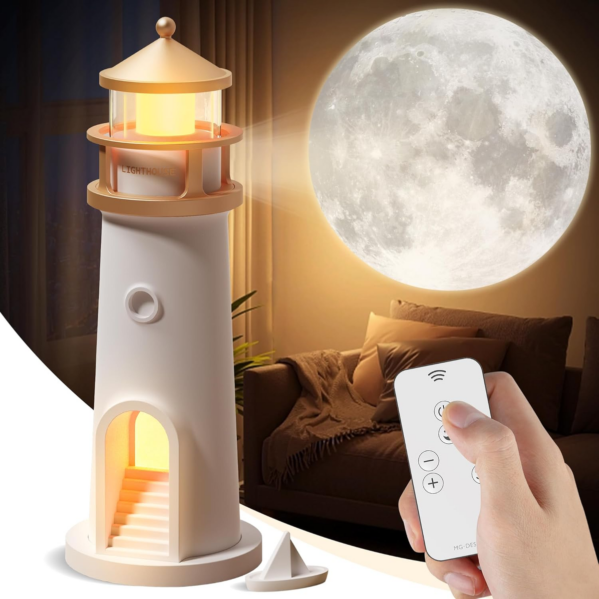 מנורת מקרן ירח בצורת מגדלור — רמקול Bluetooth, לילה זרוע כוכבים