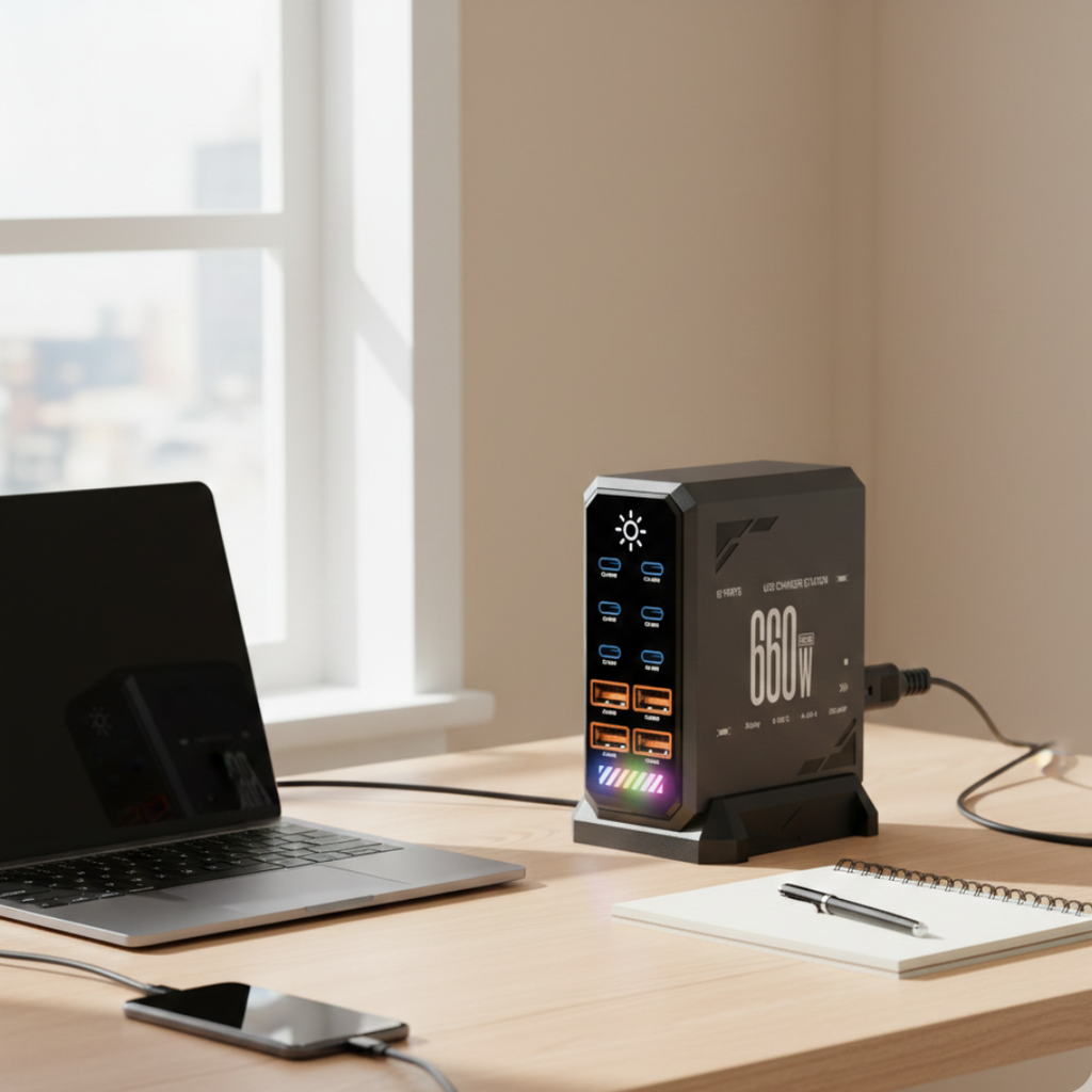 Stacja ładowania USB-C — hub GaN 660W, 6 portów Type-C i 4 porty USB-A