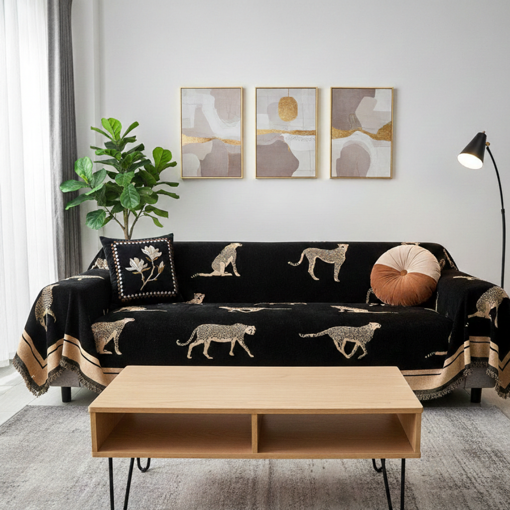 Zelený potah na pohovku s gepardím vzorem — design inspirovaný safari