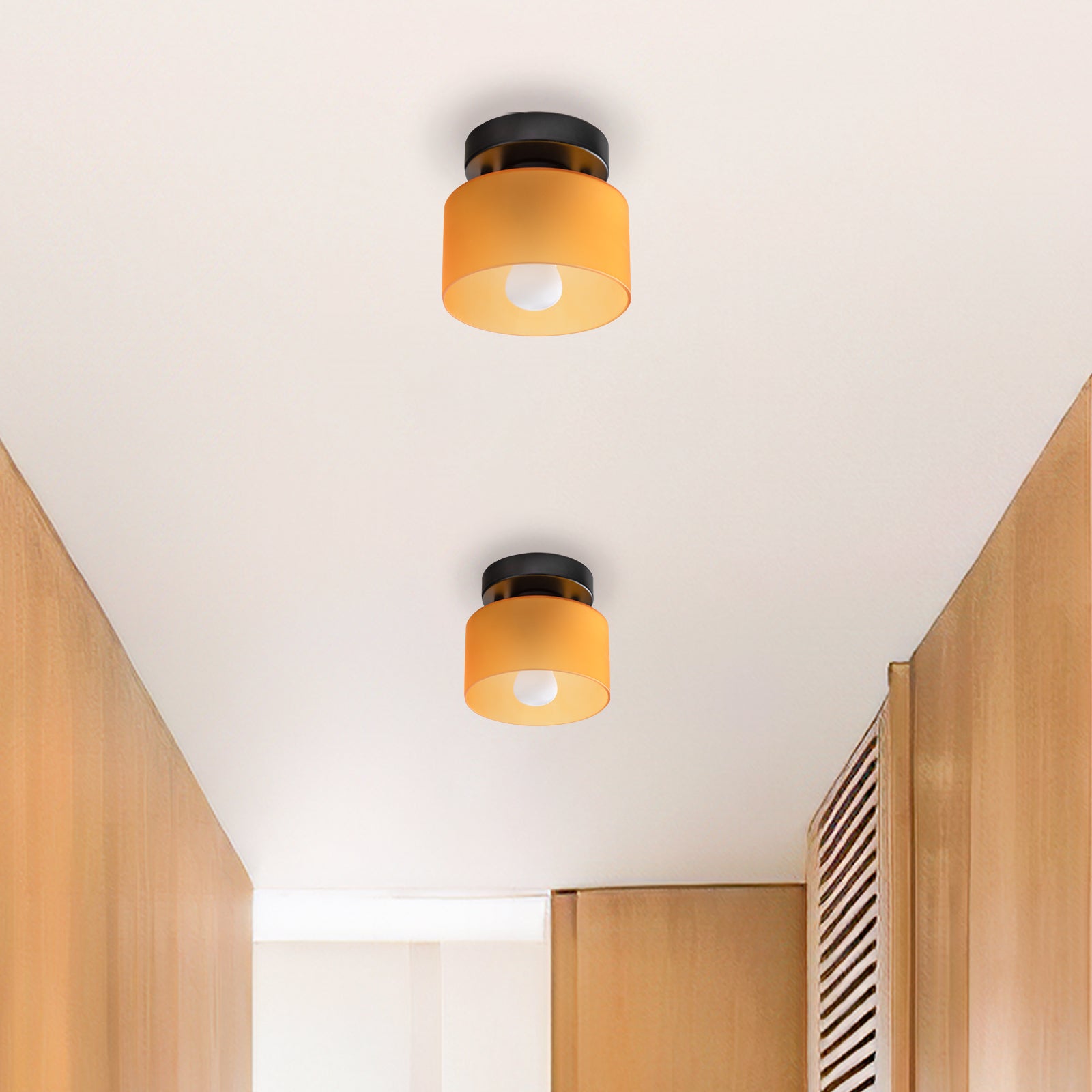 Retro Amber Glass Ceiling Light — E27/E26 Socket, Direct Mount, Cylindrical Shade