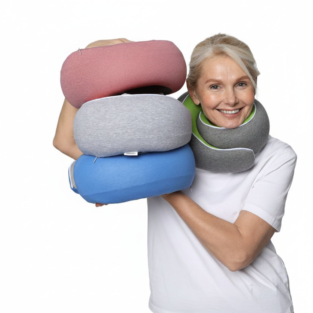 Almofada de viagem para o pescoço em espuma viscoelástica — Ajuste ergonómico e formato compacto para transportar
