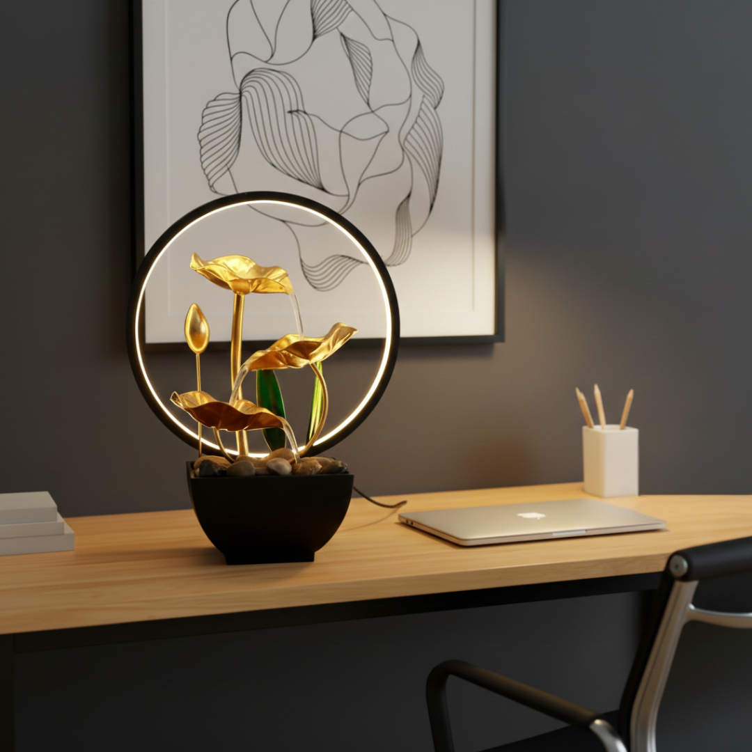 USB-Powered LED Tabletop Water Fountain — Quiet Flow, Warm Lighting, 29x13x12cm