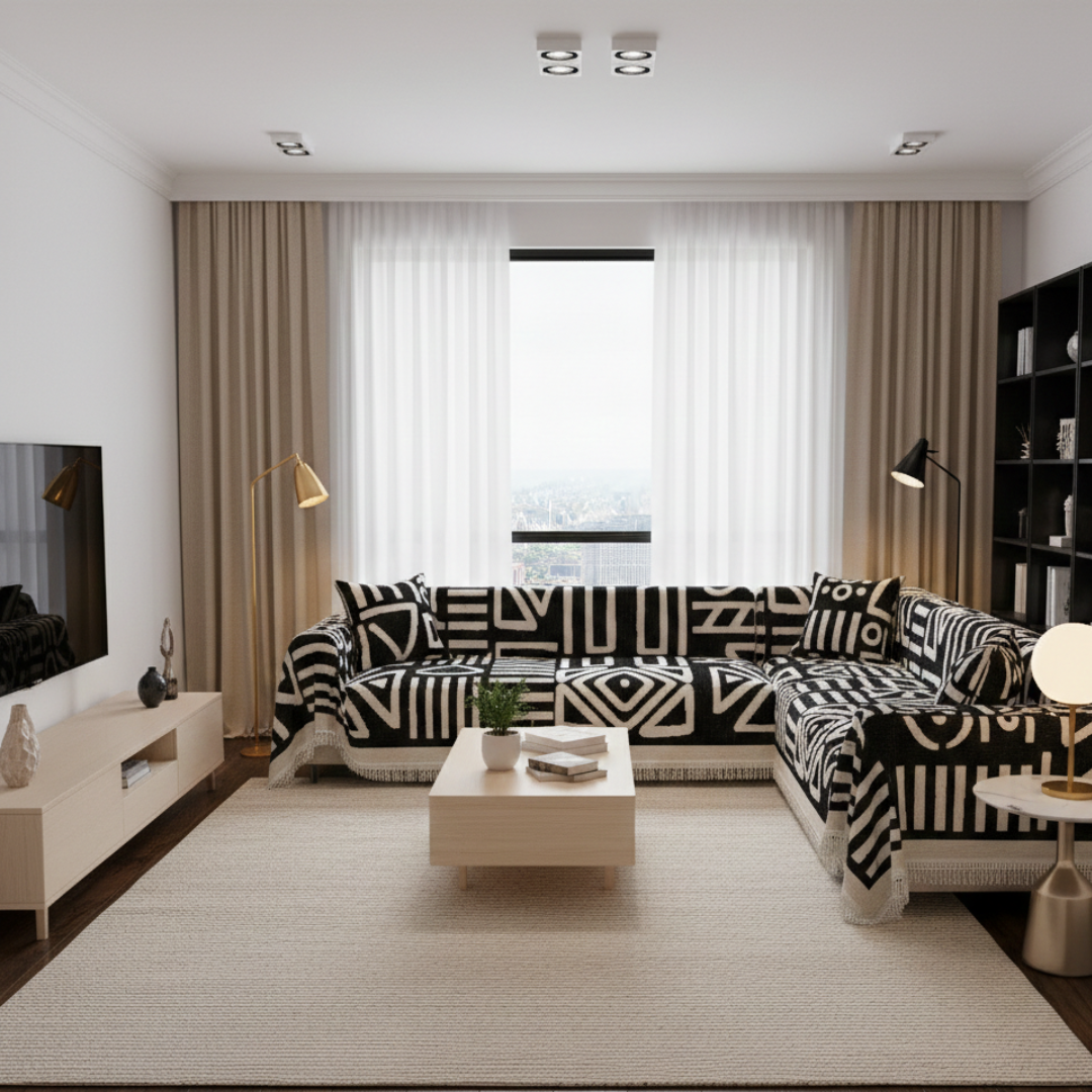 Protiskluzový pratelný potah na pohovku — geometrický boho design
