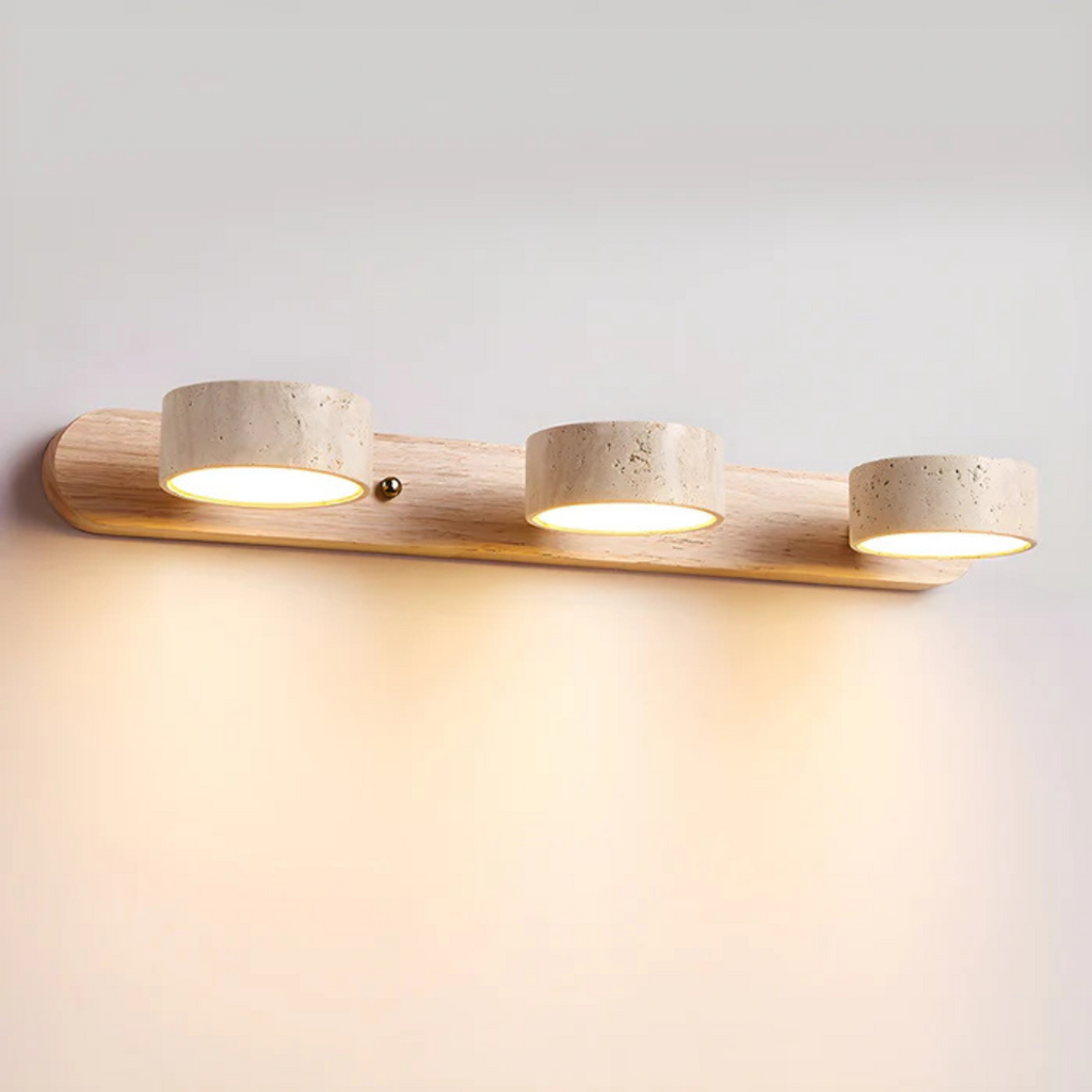 Havencrest Travertine Wall Light Featuring Warm Wood Elements Ambient Glow