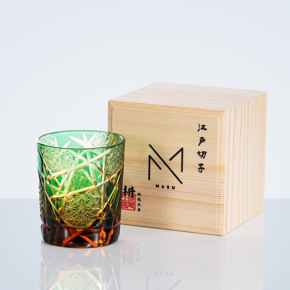 Copo para whisky Edo Kiriko com grua e relâmpago — feito à mão, caixa de madeira
