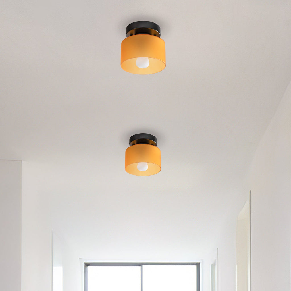 Retro Amber Glass Ceiling Light — E27/E26 Socket, Direct Mount, Cylindrical Shade