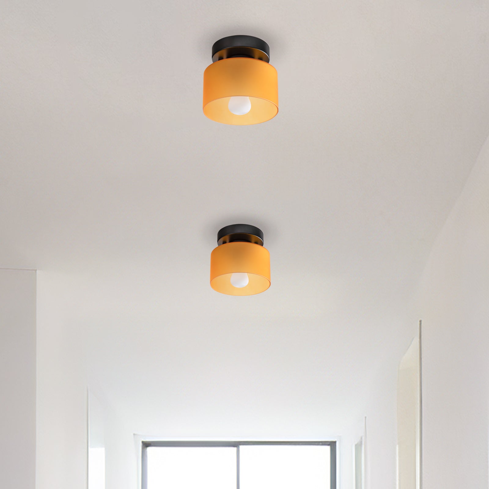Retro Amber Glass Ceiling Light — E27/E26 Socket, Direct Mount, Cylindrical Shade