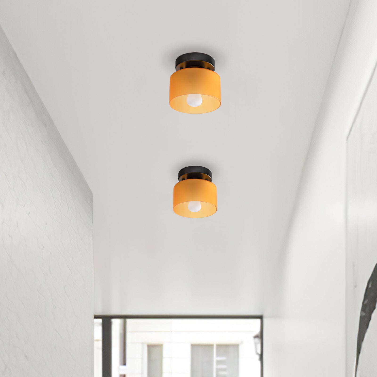 Retro Amber Glass Ceiling Light — E27/E26 Socket, Direct Mount, Cylindrical Shade