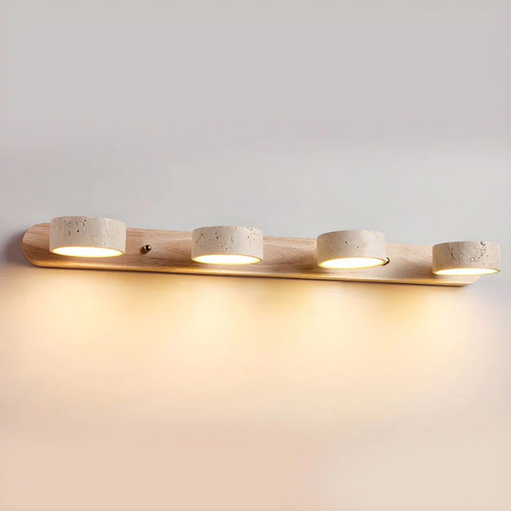 Havencrest Travertine Wall Light Featuring Warm Wood Elements Ambient Glow