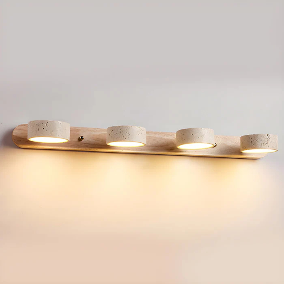 Havencrest Travertine Wall Light Featuring Warm Wood Elements Ambient Glow