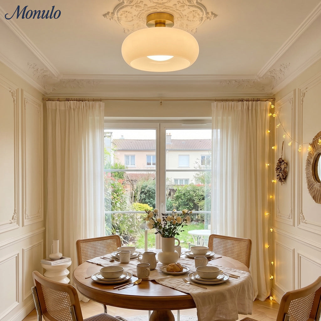 Bauhaus Circular Ceiling Light — Glass Disk Shade, Brass or Chrome Finish, Orange-Yellow or White Glass