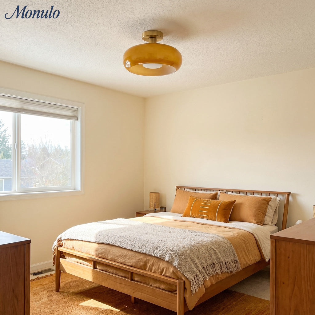 Bauhaus Circular Ceiling Light — Glass Disk Shade, Brass or Chrome Finish, Orange-Yellow or White Glass