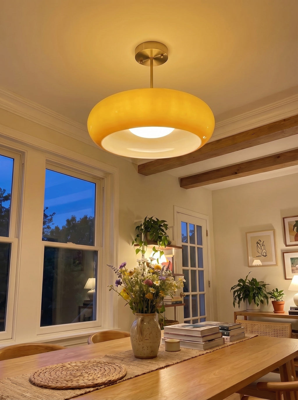 Bauhaus Circular Ceiling Light — Glass Disk Shade, Brass or Chrome Finish, Orange-Yellow or White Glass