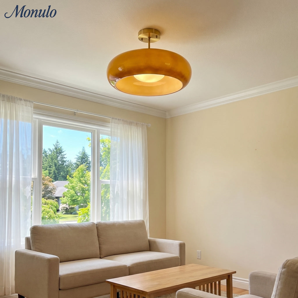 Bauhaus Circular Ceiling Light — Glass Disk Shade, Brass or Chrome Finish, Orange-Yellow or White Glass